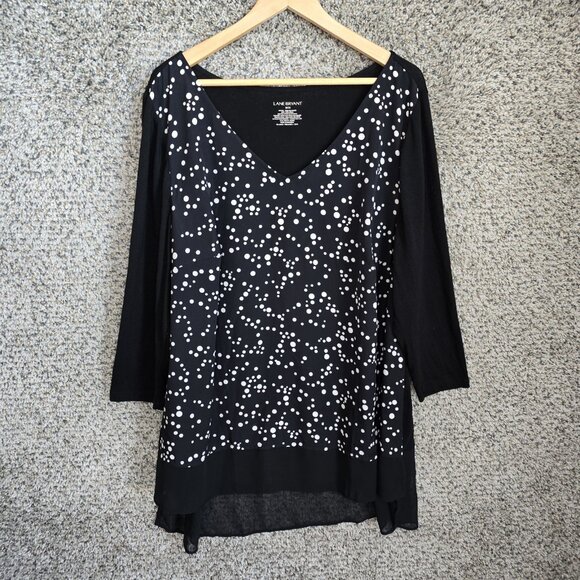 Lane Bryant Top Womens Plus 18/20 Black Polka Dot‎ V Neck Blouse Long Sleeve - Picture 1 of 7